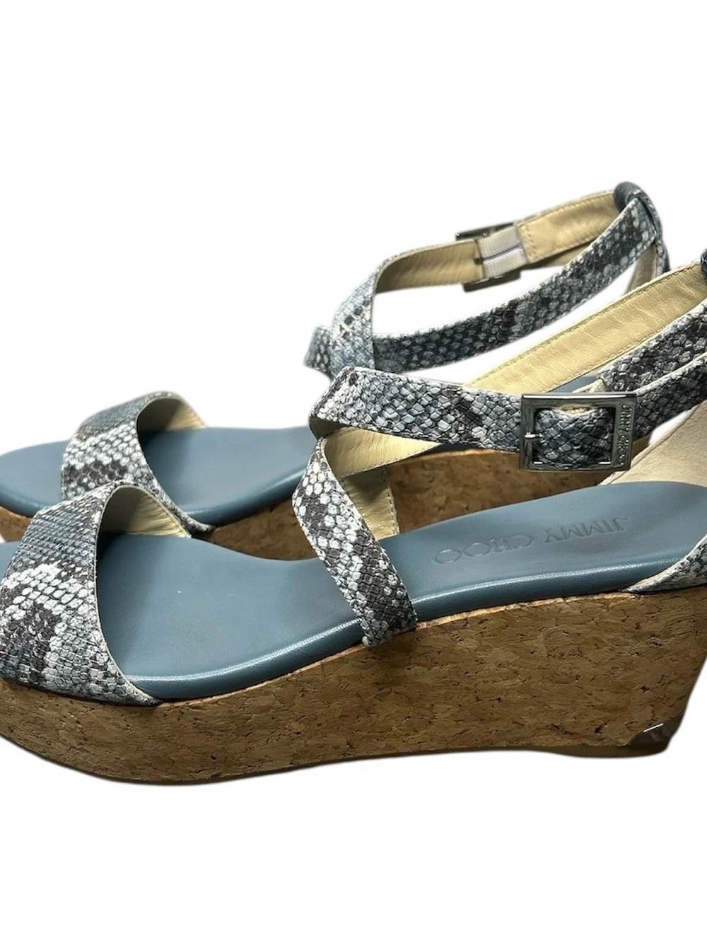 Jimmy Choo Portia Snake Embossed Cork Wedge Sandals Platform Designer Size 37.5